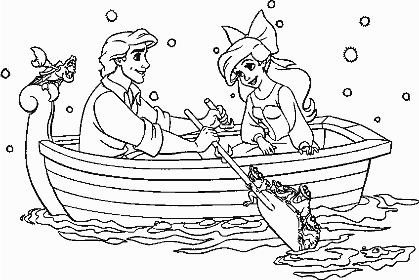 Принц катает Ариэль на лодке Раскраски Русалочка (Ариэль)